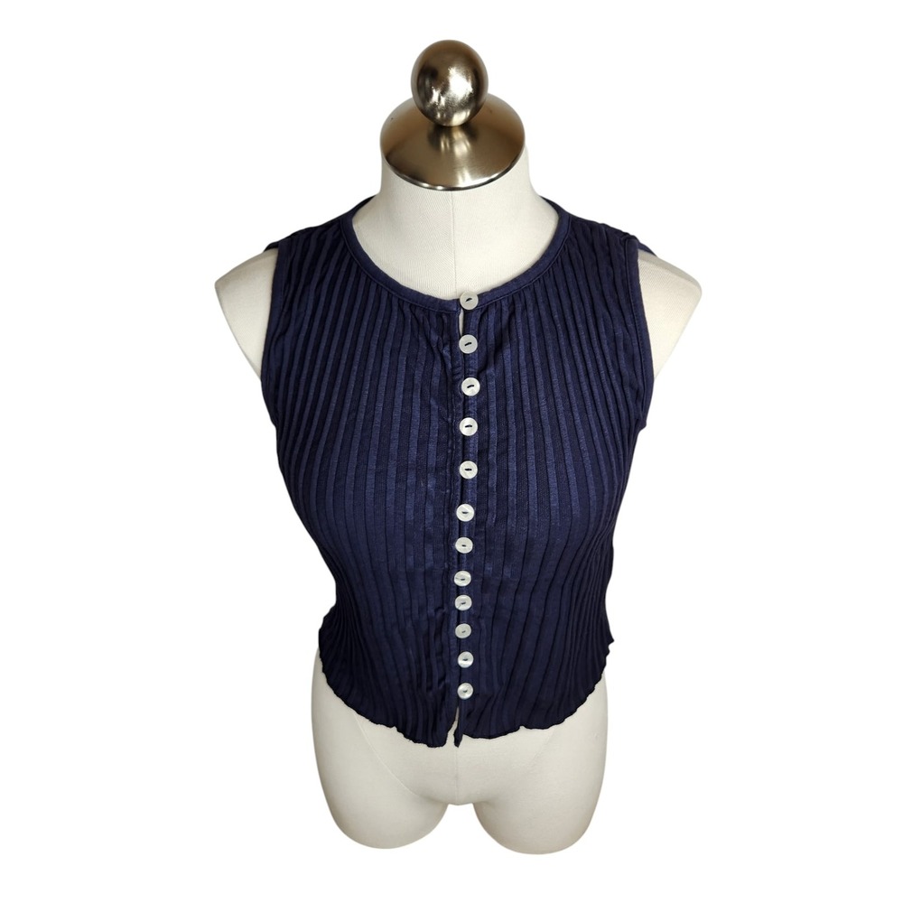 Free People Tilly Vest Top Navy Blue Ribbed Button Up Womens XS Sleeveless Knit